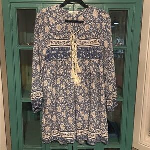 R. Vivimos Blue and White Floral Dress with double tassel tie EUC